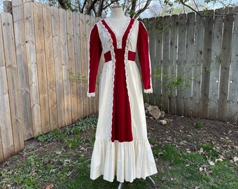 Gunne Sax Black Label Style Vintage Size 11-12 Red Velvet Maxi, Crochet Trim, Cotton Velvet 1970s Medieval Peasant Renaissance Dress, 1969