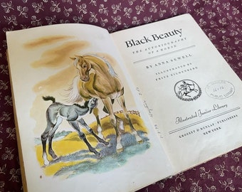 Vintage 1945 Black Beauty, Illustrated Horse Book, Classic Literature, Anna Sewell, Midcentury Hardcover Junior Library Edition, Ex Library