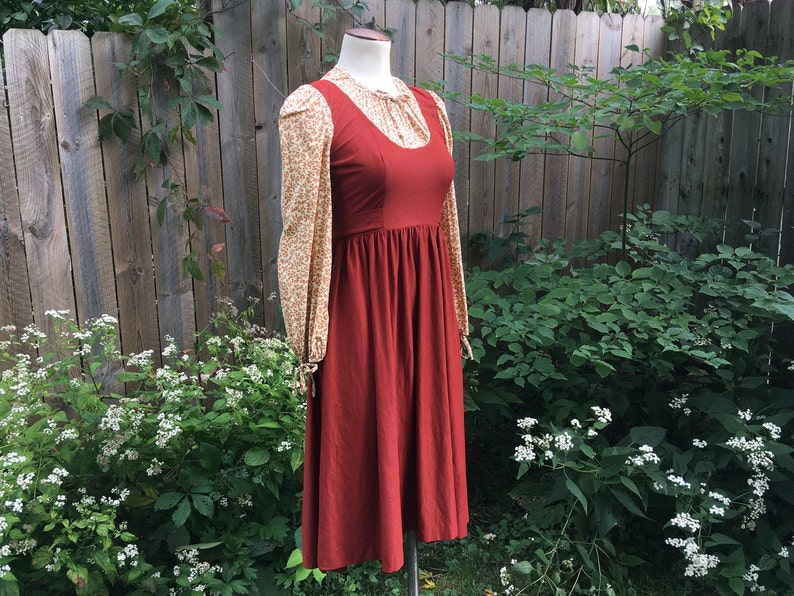 Gunne Sax Style 1970s Candi Jones Dress, Maria's Do Re Mi, Sound Of Music, Corduroy Calico Cottagecore Prairie, Rusty Orange 70s Dress image 1