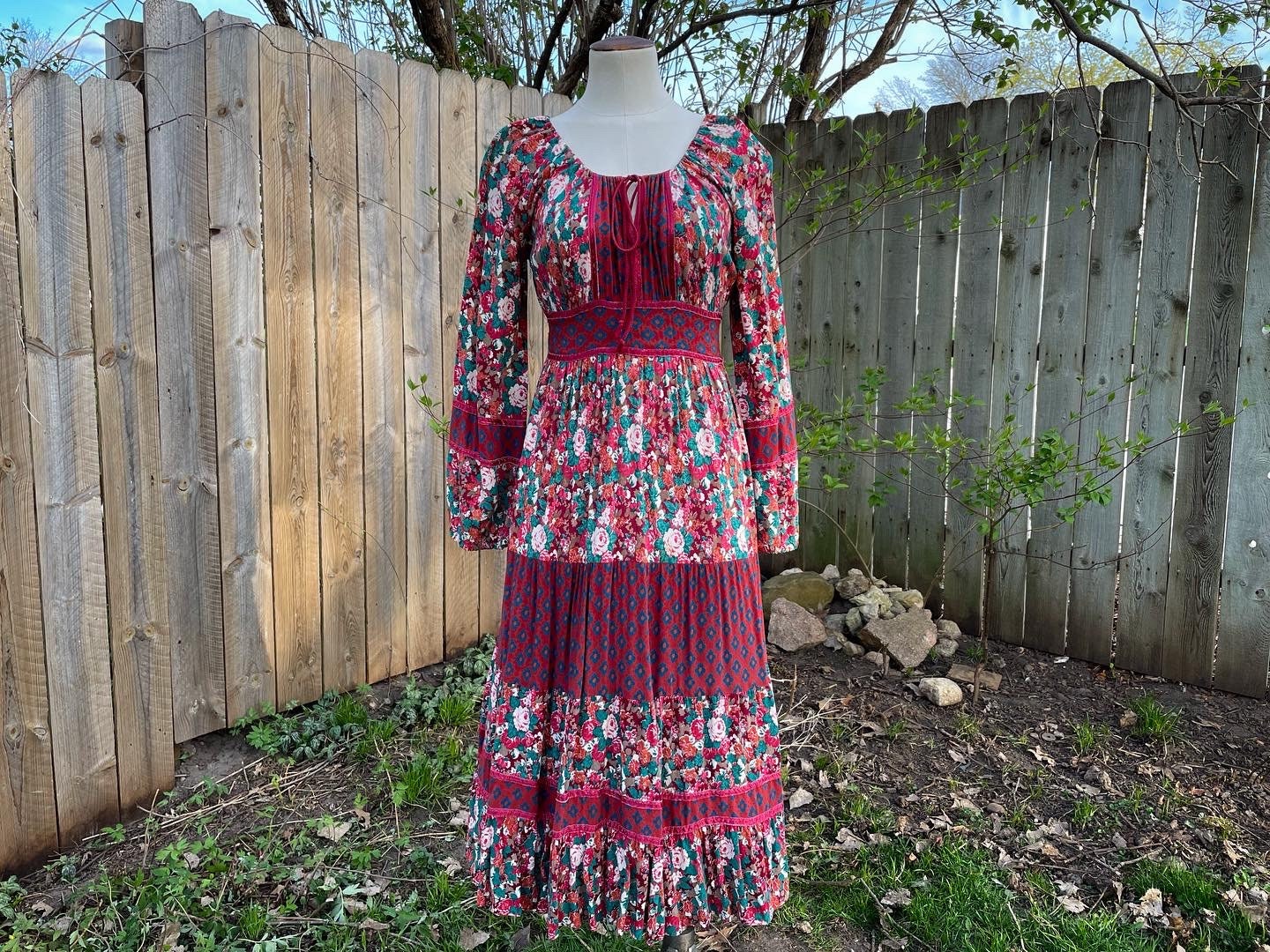 SageThymeVintage Young Edwardian Style Drawstring Neckline Floral 1970s Prairie Dress, 70s Gunne Sax Style Cottagecore Peasant Midi, Phool, Indian, Ragtime SageThymeVintage Young Edwardian Style Drawstring Neckline Floral 1970s Prairie Dress, 70s Gunne Sax Style Cottagecore Peasant Midi, Phool, Indian, Ragtime