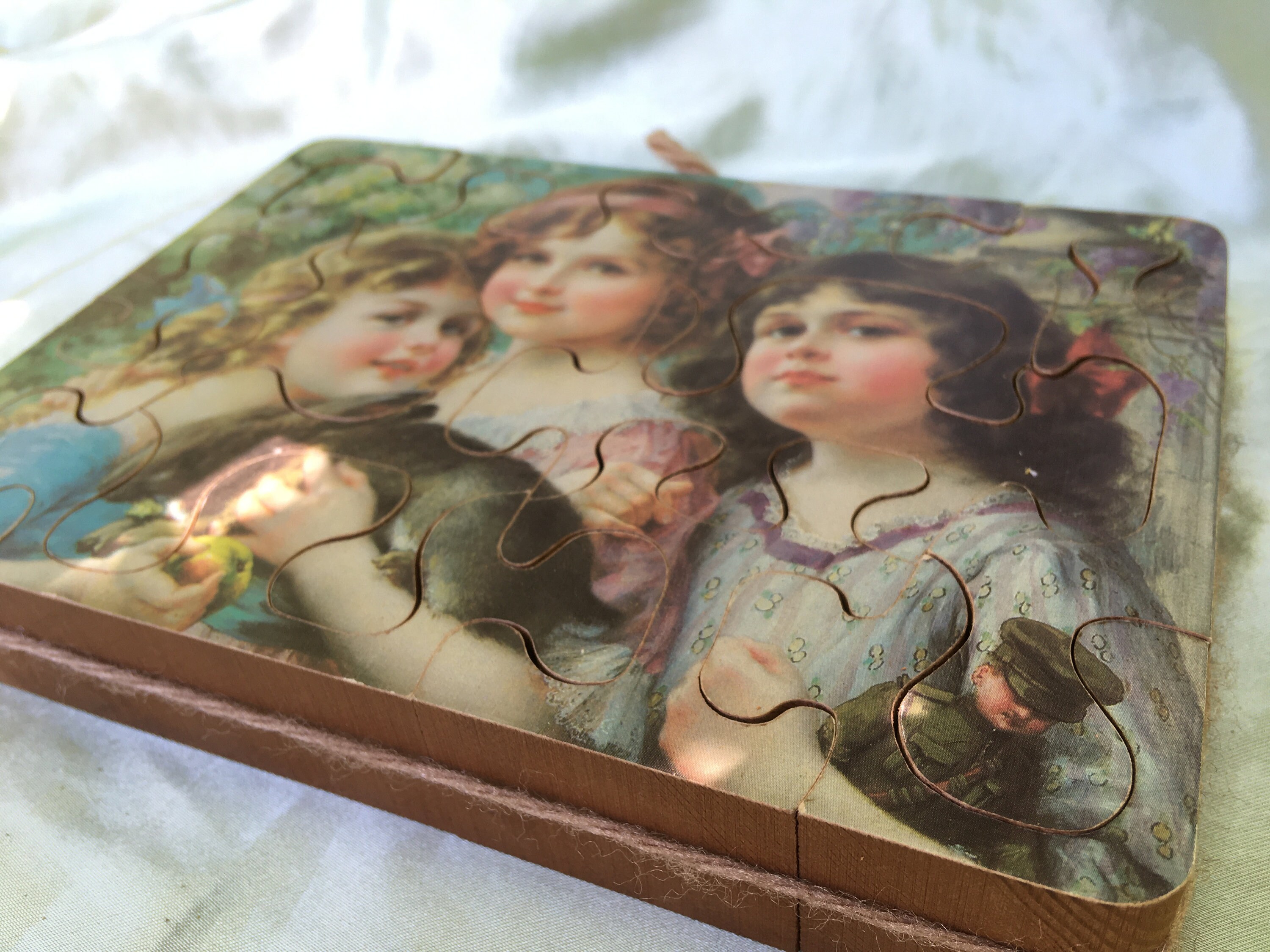 Vintage Wooden Puzzle, Three Girls With Rabbit and WWI Soldier, Chunky