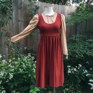 Gunne Sax Style 1970s Candi Jones Dress, Maria's Do Re Mi, Sound Of Music, Corduroy Calico Cottagecore Prairie, Rusty Orange 70s Dress image 3