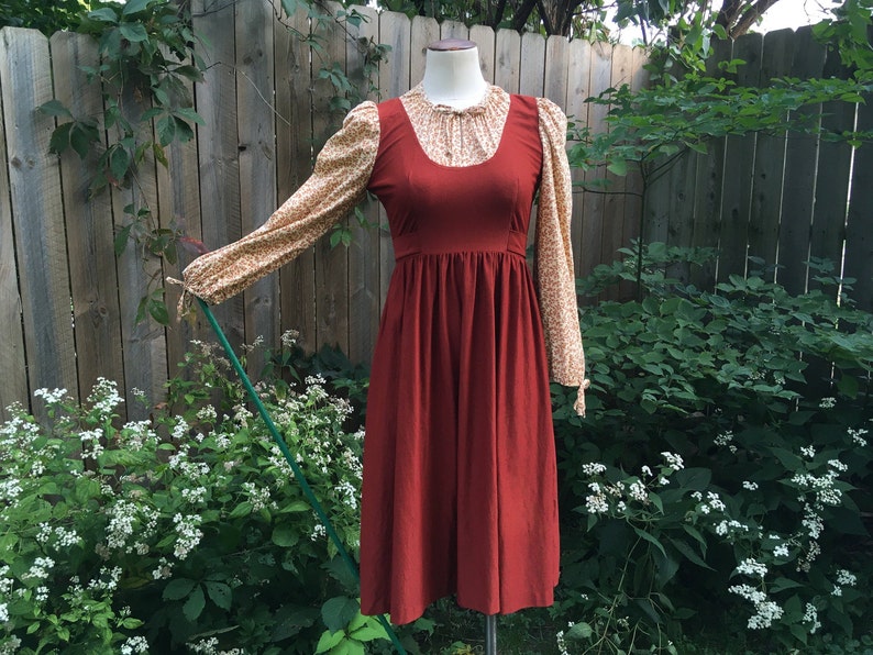 Gunne Sax Style 1970s Candi Jones Dress, Maria's Do Re Mi, Sound Of Music, Corduroy Calico Cottagecore Prairie, Rusty Orange 70s Dress image 3