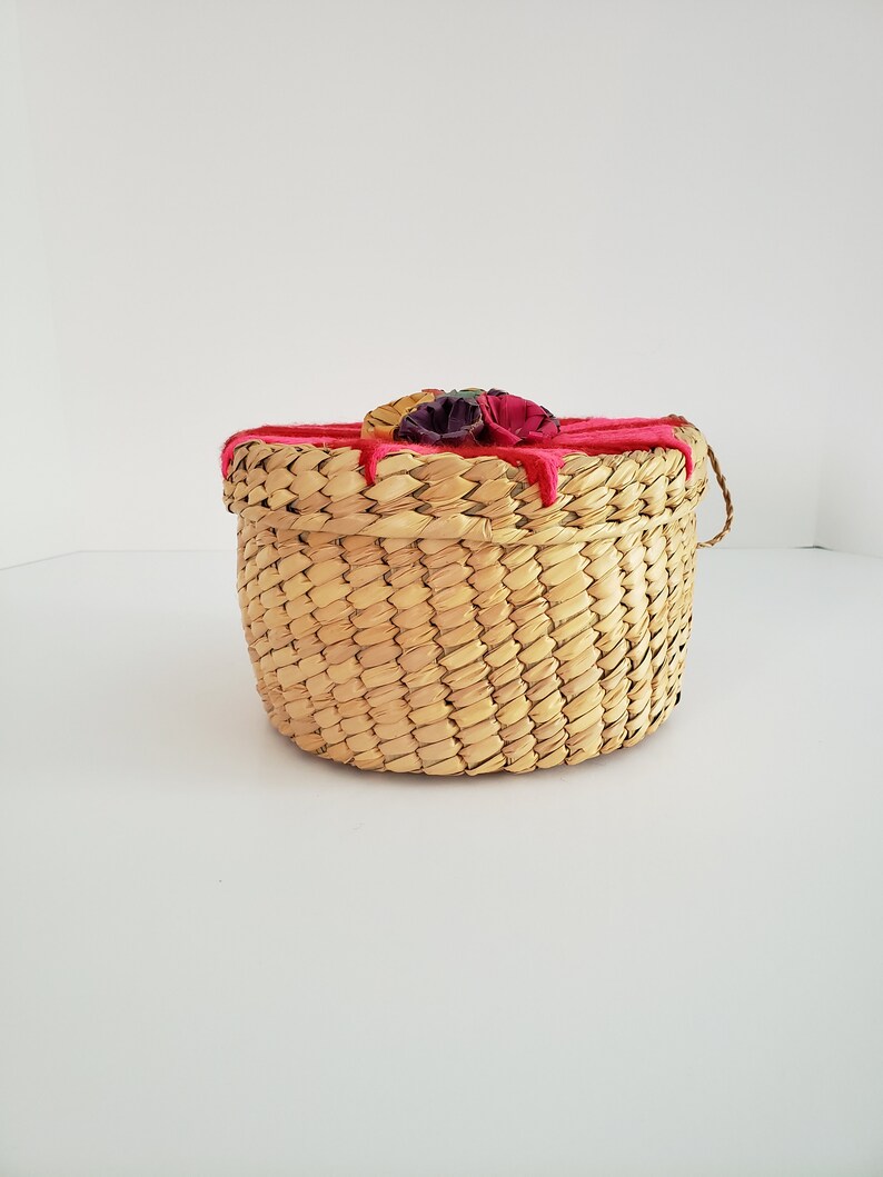 Vintage basket with woven yarn and flowers Etsy