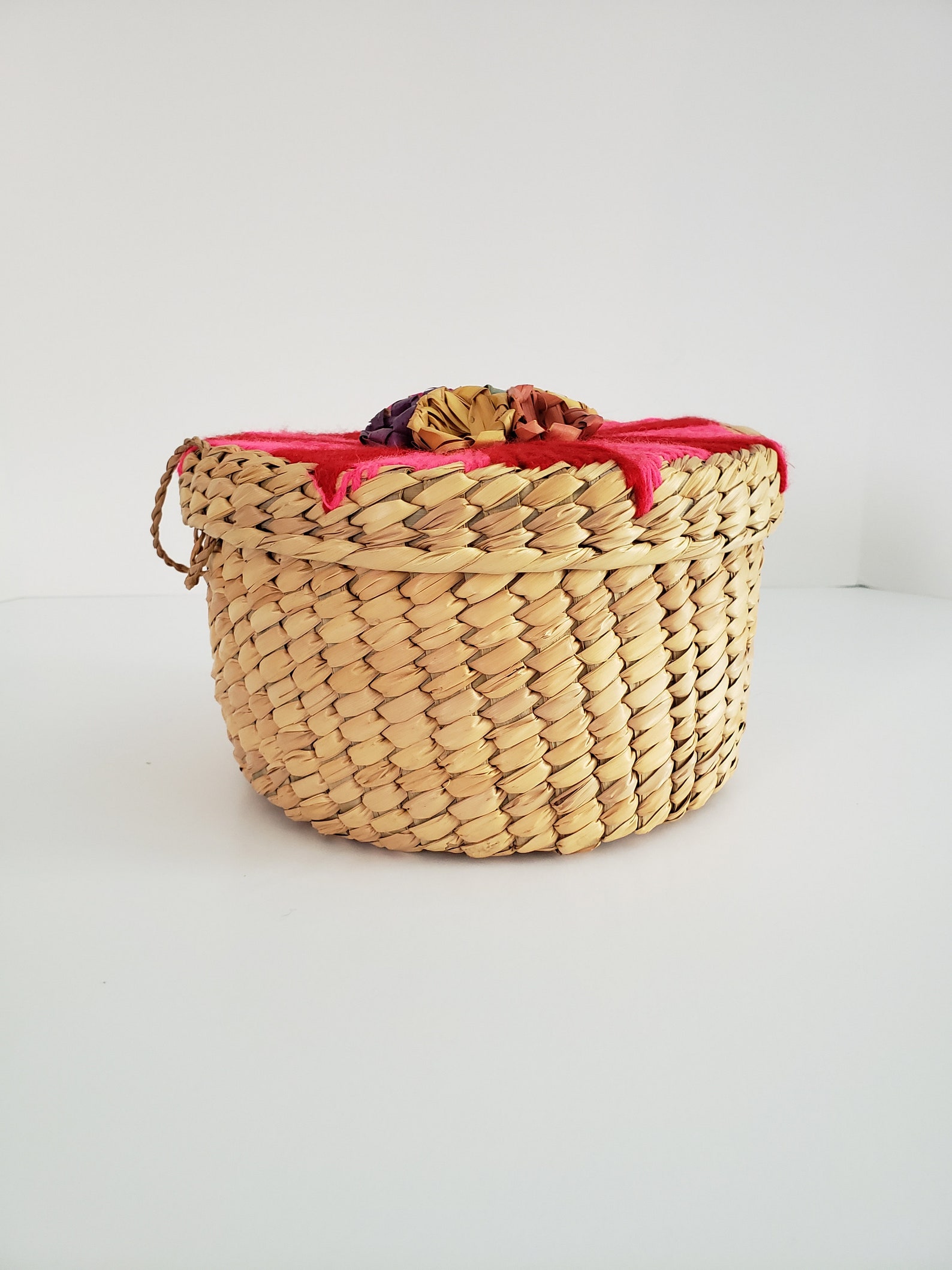 Vintage basket with woven yarn and flowers Etsy