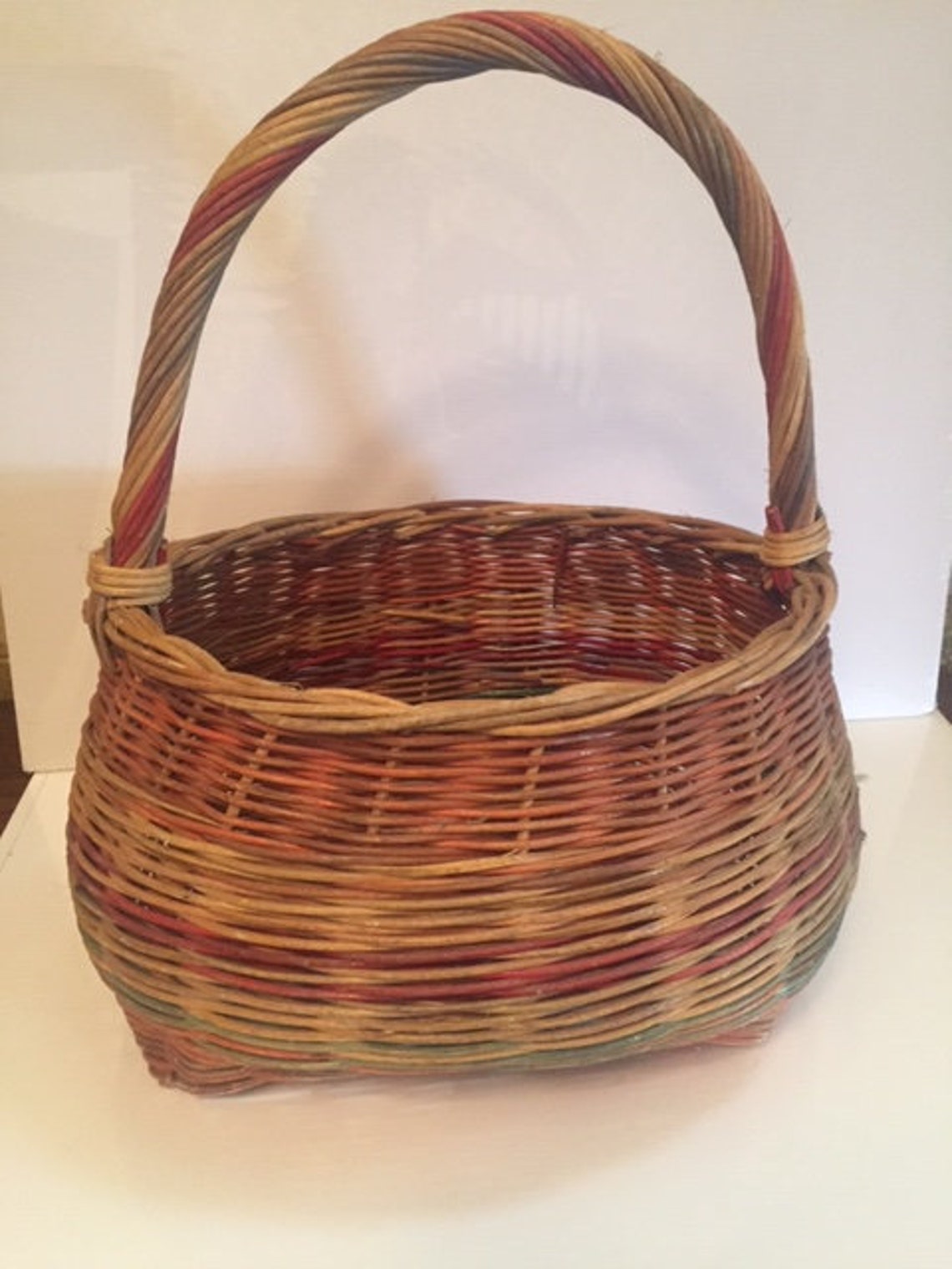 Large Multi Colored Basket With Handle Wicker Etsy