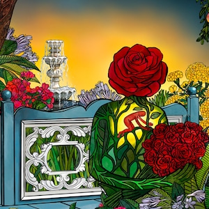Op de afbeelding: Een digitale illustratie van een figuur met een grote rode roos als hoofd, die een boeket rode rozen vasthoudt. Het lichaam is groen en rankachtig met een kleine rode silhouet erin, geplaatst in een tuin met een fontein en diverse bloemen.
