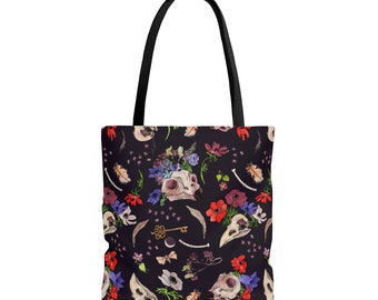 18" Tote - Owl and Raven Skulls and Garden Witchery on Deep Plum