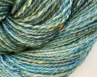 Hand Spun Light Fingering Yarn: Peacock Green, Sari Silk, 260 yds