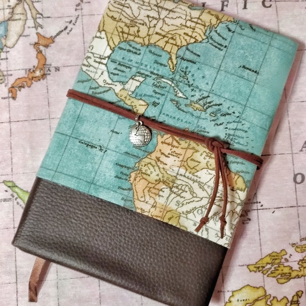 Agenda 2023 giornaliera, daily planner Wanderlust in stoffa mappa vintage ed ecopelle