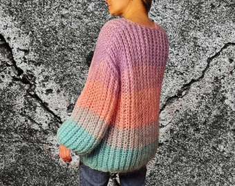 Handmade Mohair Ombre Cardigan: Striped Knit, Oversized Sweater