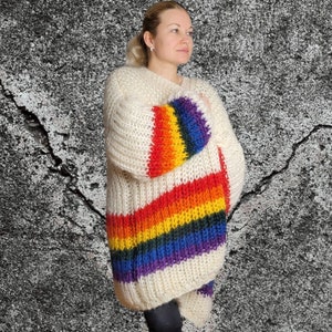 Rainbow Mohair Oversized Cardigan Striped Cardigan Pride LGBT Knitted Cozy Woolen Cardigan Regenbogen Chunky Knit Cardigan LGBT Sweater