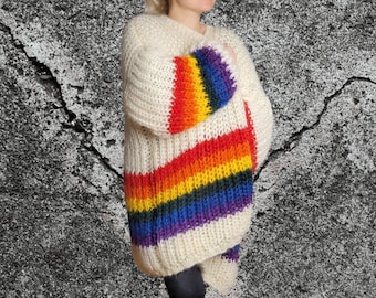 Cárdigan de punto de mohair arcoíris - Suéter extragrande a rayas