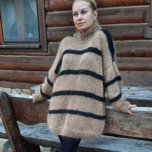Striped oversized long mohair sweater, Sweater dress, Fuzzy pullover, Handknitted dress, Mohair long sweater