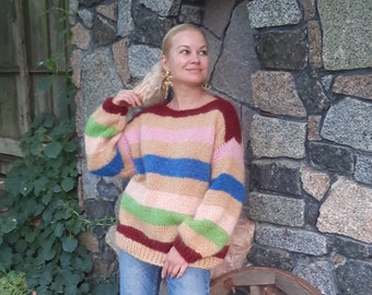 Soft cozy oversized mohair sweater, knitted sweater, mohair knit sweater, fluffy sweater, woolen warm sweater, striped mohair sweater