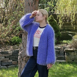 Light Blue Cable Knit Mohair Cardigan, Oversized Sky Blue