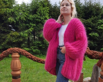 Soft cozy mohair oversized cardigan, mohair fuchsia cardigan, pink cardigan, handknitted cardigan,  fluffy cardigan, pink sweater