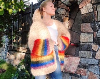 Rainbow mohair oversized cardigan, striped cardigan pride LGBT, knitted cozy woolen cardigan, fluffy cardigan, chunky knit cardigan