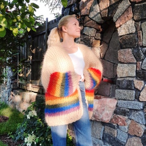 Rainbow mohair oversized cardigan, striped cardigan pride LGBT, knitted cozy woolen cardigan, fluffy cardigan, chunky knit cardigan