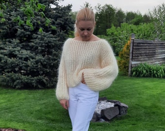 Soft cozy lightweight mohair sweater, handknitted sweater, chunky knit sweater, fluffy sweater, woolen sweater, white milk mohair sweater