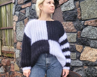 Suéter mohair suave y acogedor de gran tamaño, suéter handknit, suéter de punto grueso, suéter a rayas, suéter de bloque de color, suéter blanco y negro