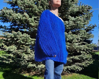 Soft cozy oversized blue mohair sweater, handknitted sweater, chunky knit sweater, navy sweater, woolen sweater, mohair volumetric sweater