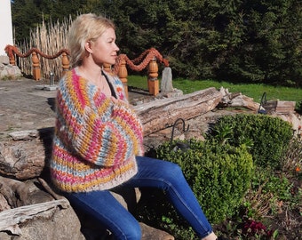 Soft cozy mohair oversized cardigan, striped cardigan, mohair cardigan, knitted multicolor cardigan , fluffy cardigan, chunky knit cardigan