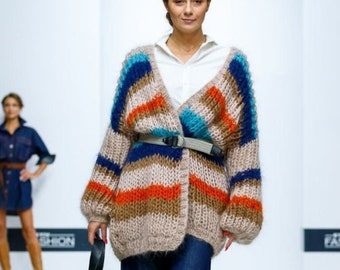 Striped Mohair Cardigan, Chunky Hand Knit Sweater, Oversized Knitwear, Extended Sizes 3XL 4XL 5XL, Chunky handmade statement cardigan