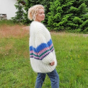 White mohair cardigan with blue stripes Oversized cardigan handknitted cardigan Wool jacket women Chunky cardigan image 1