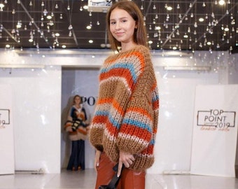Striped Mohair Sweater, Chunky Knit Oversized Wool Jumper
