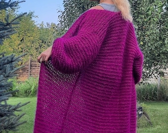 Hand Knit Mohair Cardigan - Long Fuchsia Duster Coat - Oversized Chunky Knit Sweater
