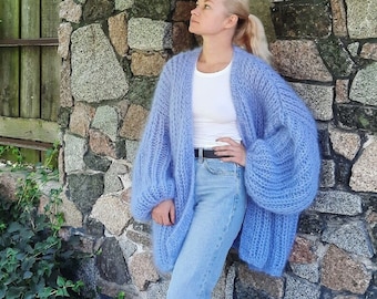 Chunky Oversized Mohair Cardigan Mohair Sweater Hand Knit Coat Blue Knitted Cardigan Fluffy cardigan Fuzzy cardigan