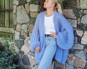 Grobstrick Oversized Mohair Cardigan Mohair Pullover Hand stricken Mantel Blaue Strickjacke Flauschige Strickjacke Fuzzy-Strickjacke