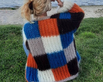 Soft cozy warm mohair oversized cardigan, handknitted cardigan,  fluffy cardigan, brown orange mohair cardigan, patchwork mohair cardigan