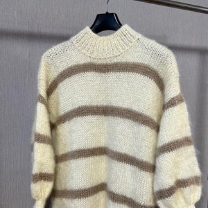 Soft oversized cream with stripes mohair sweater, mohair dress, handknitted sweater dress, mohair long sweater, knit sweater woolen dress