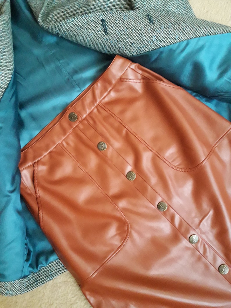 brown faux leather skirt brown midi skirt leather skirt Faux leather midi skirt