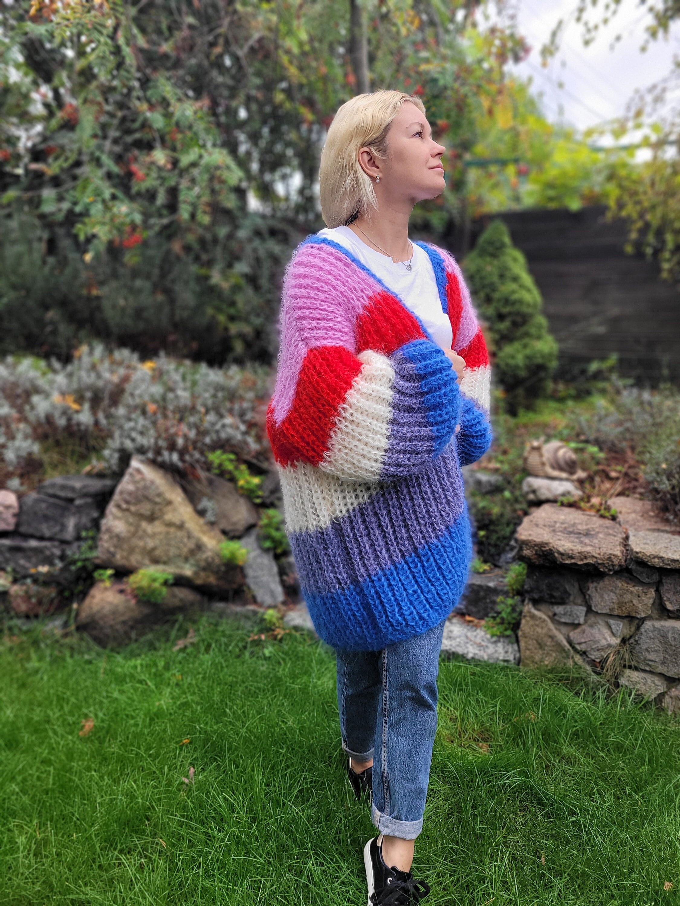 Mohair oversized knit cardigan, mohair knit sweater, blue mohair cardigan, knitted cozy woolen cardigan, chunky knit cardigan, wool sweater