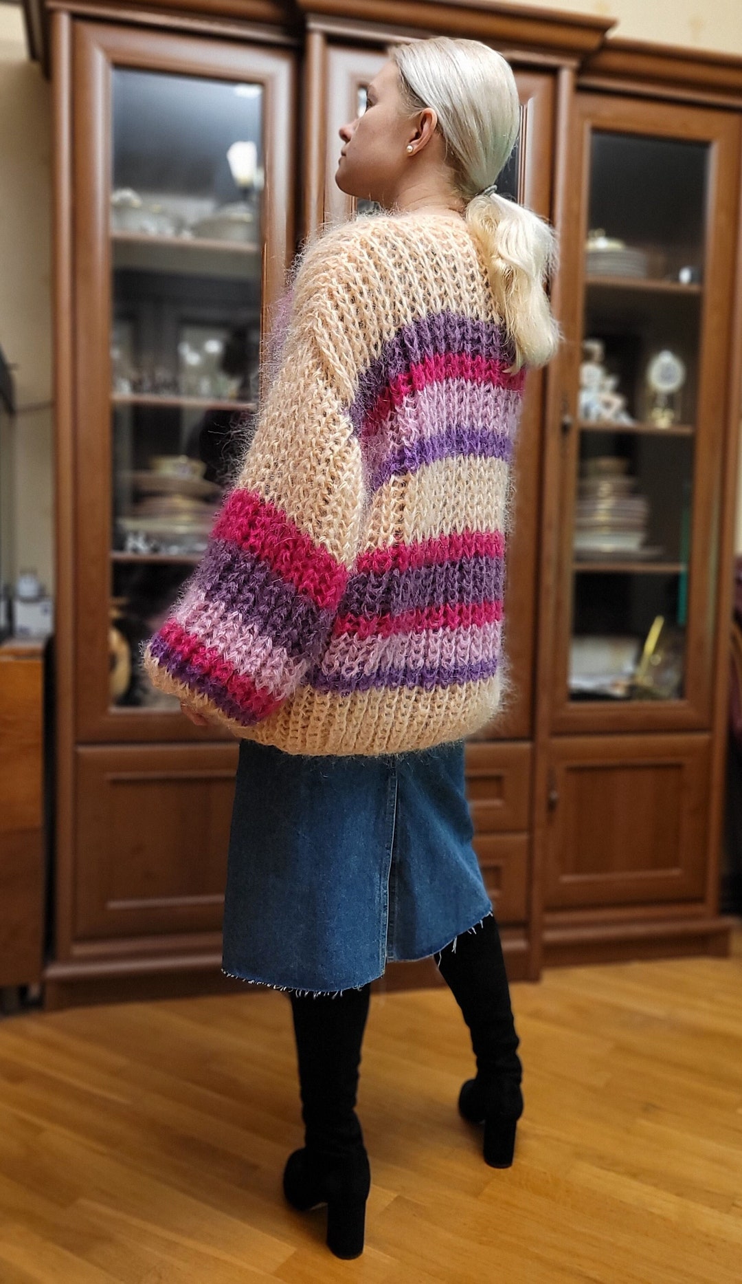 Mohair Oversized Knit Cardigan Mohair Knit Sweater Beige Mohair