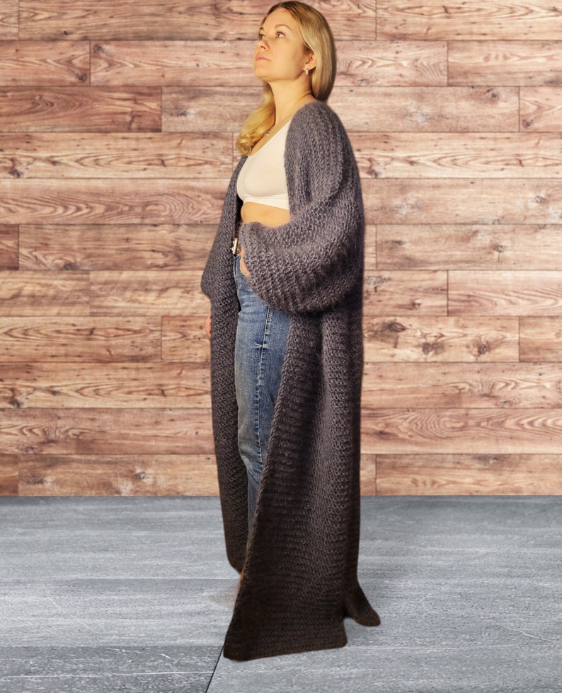 Gris Mohair Maxi Cardigan Largo Mohair Cárdigan Punto Boho Estilo Cárdigan Largo Cardi Punto Cárdigan Boho Largo Gris Cárdigan Suéter Gris imagen 5