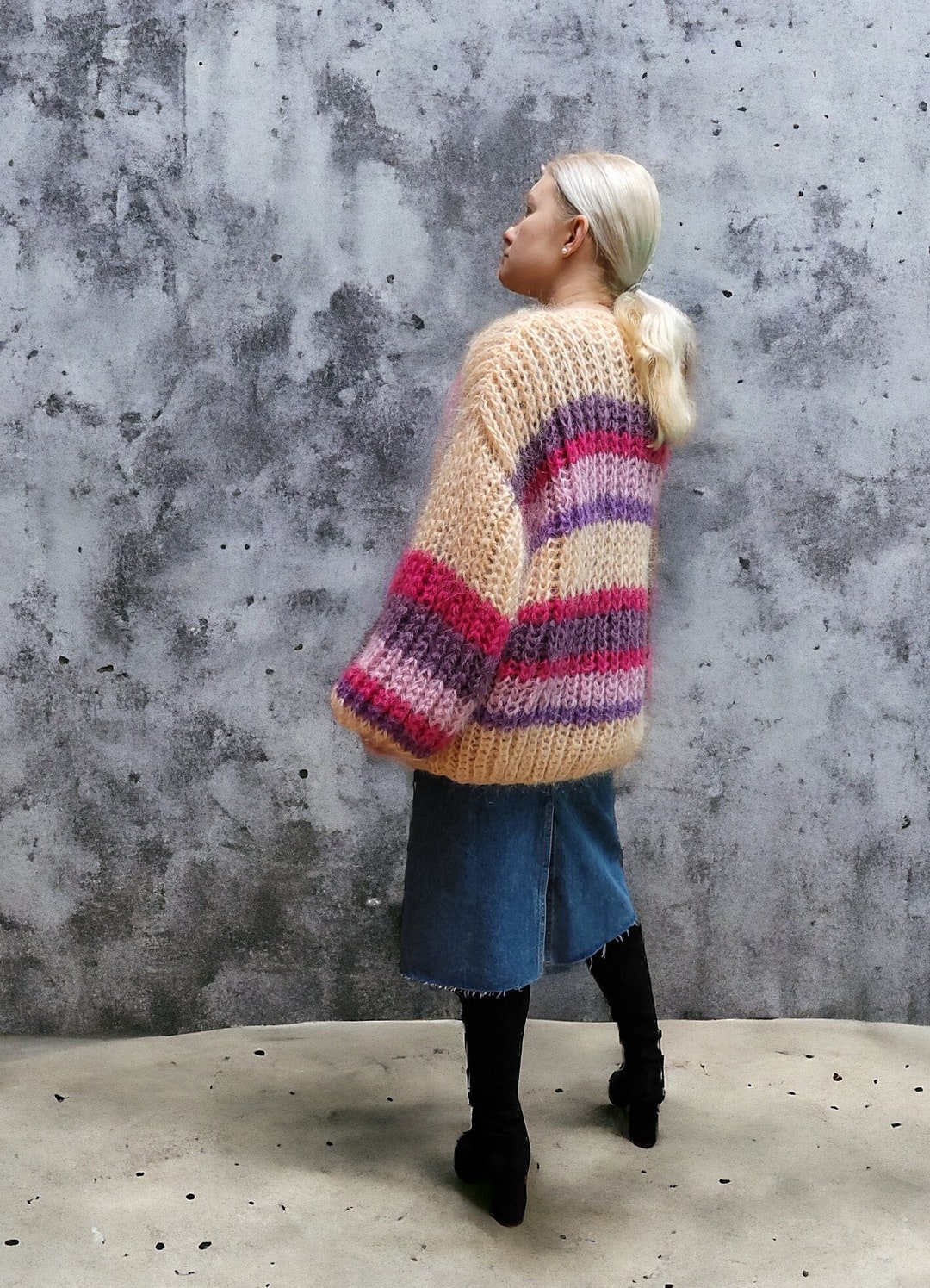 Cardigan Rose Carmin Manches Longues Crocheté/tricoté - Mohair Mélangé - Taille Unique Femme - Neuf Sans étiquette