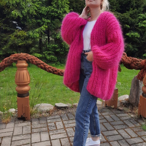 Hand Knitted Fuchsia Mohair Cardigan, Oversized Pink Merino Wool