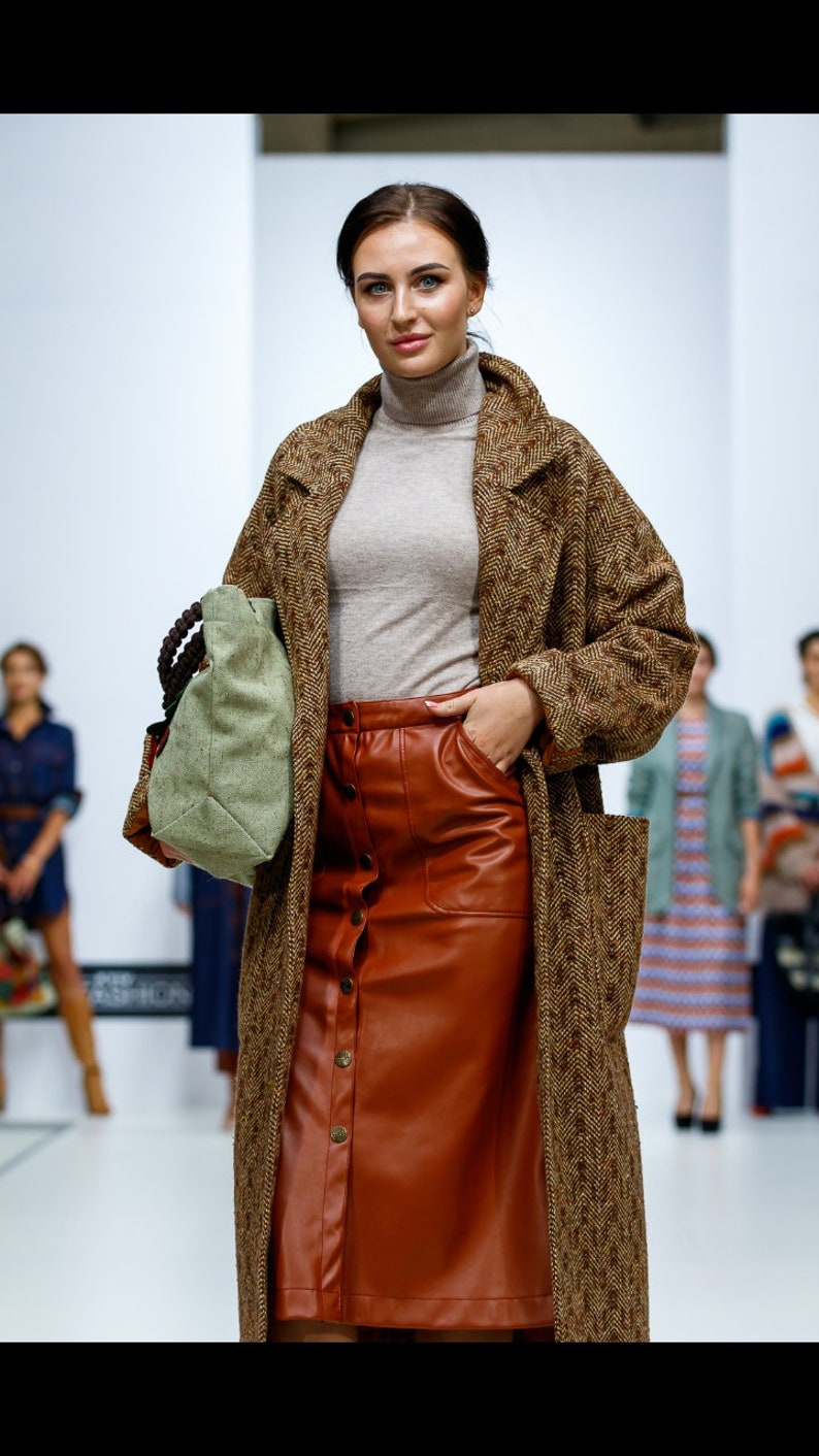 brown faux leather skirt brown midi skirt leather skirt Faux leather midi skirt