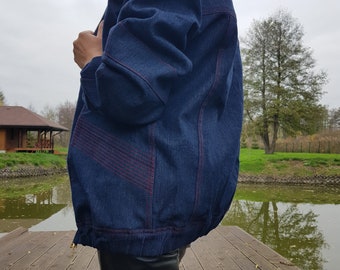 Denim jacket with contrasting orange stitching, blue denim jacket, denim bomber, jean windcheater, dark blue  jean jacket, denim windbreaker