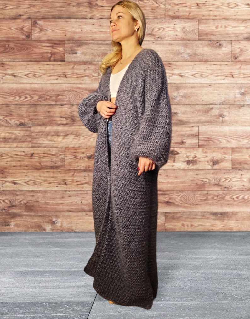 Grey Mohair Maxi Cardigan Long Mohair Cardigan Knitted Boho Style Cardigan Long Cardi Knit Cardigan Boho Long Grey Cardigan Grey Sweater image 8