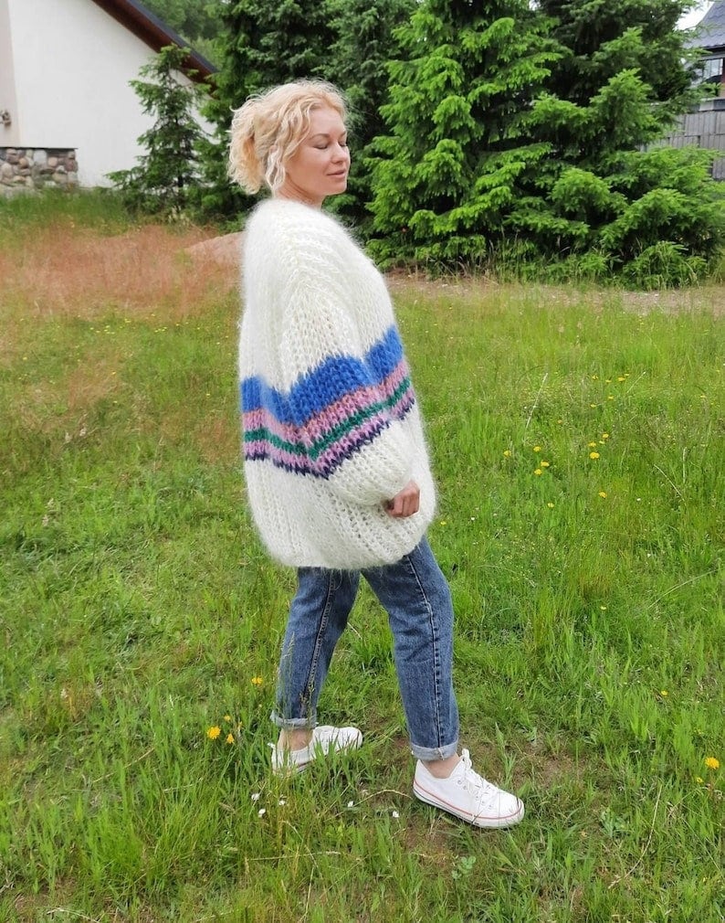 White mohair cardigan with blue stripes Oversized cardigan handknitted cardigan Wool jacket women Chunky cardigan image 1