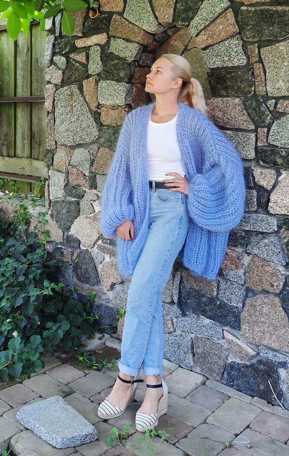 Soft Cozy Mohair Oversized Cardigan, Mohair Sweater, Blue Mohair Cardigan, Knitted Woolen Cardigan, Fluffy Cardigan, Chunky Knit Cardigan