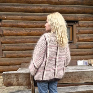 Chunky Cozy Beige Mohair Cardigan Plaid Mohair Sweater Hand Knit Striped Beige Brown Rose Cardigan Fluffy cardigan Fuzzy Brown Cardigan