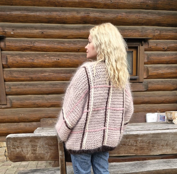 Chunky Cozy Beige Mohair Cardigan Plaid Mohair Sweater Hand Knit