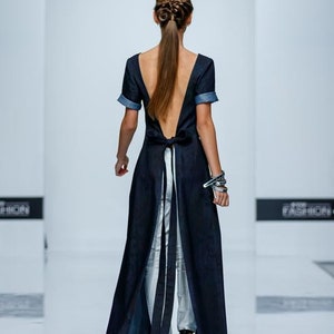 Long denim dress with open back, open back bridal gown, Maxi dress, Bridal shower guest dress, Tight cocktail dress, Prom dress