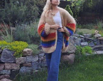 Cárdigan de mohair arcoíris, suéter de punto a rayas tejido a mano, prendas de punto coloridas con el orgullo LGBTQ, cárdigan de mohair de tallas grandes
